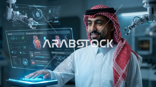 رجل سعودي يتفاعل مع شاشة طبية هولوغرامية في مختبر