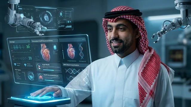 رجل سعودي يتفاعل مع شاشة طبية هولوغرامية في مختبر