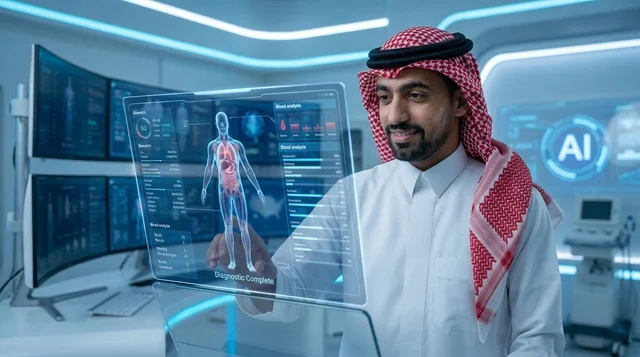 طبيب سعودي يتفاعل مع شاشة تشخيص طبي هولوغرامية مستقبلية