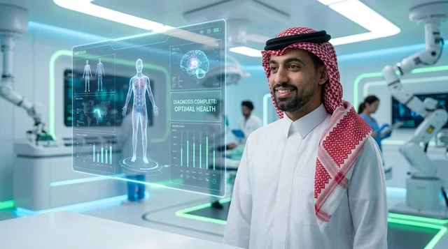 رجل سعودي في مختبر طبي مستقبلي مع شاشة هولوغرام