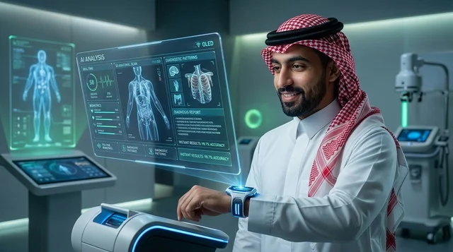 رجل سعودي يستخدم شاشة هولوغرام طبية بالذكاء الاصطناعي