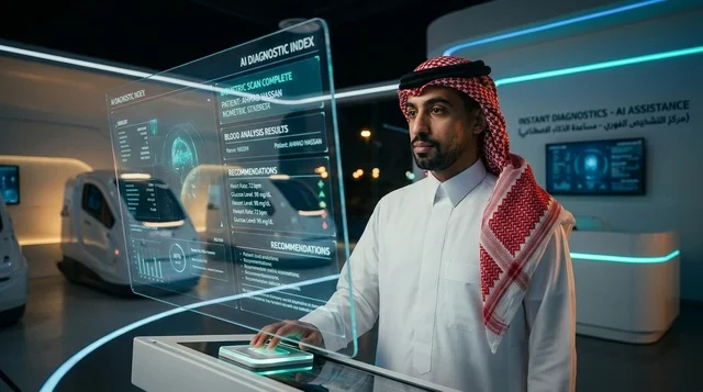 رجل سعودي يستخدم شاشة هولوغرام طبية بالذكاء الاصطناعي