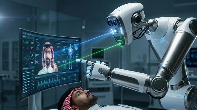 رجل سعودي يخضع لفحص طبي بواسطة روبوت ذكي في عيادة مستقبلية