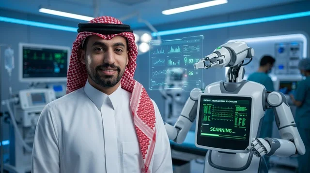 طبيب سعودي وروبوت ذكاء اصطناعي في مستشفى مستقبلي