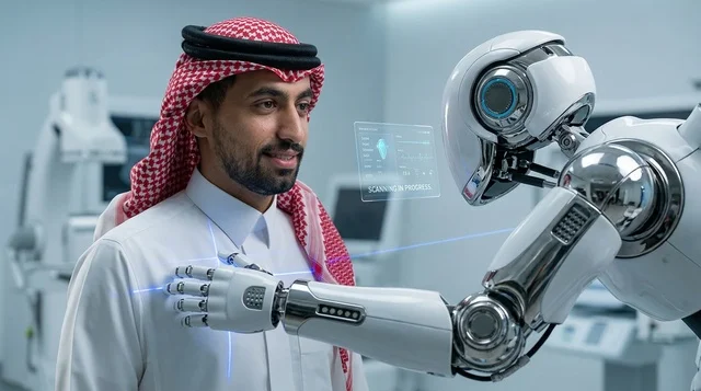 رجل سعودي يخضع لفحص طبي بواسطة روبوت ذكي في عيادة مستقبلية