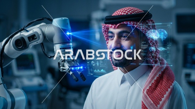 رجل سعودي مع ذراع روبوتية ذكية في مختبر مستقبلي