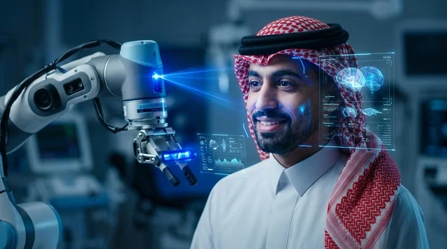 رجل سعودي مع ذراع روبوتية ذكية في مختبر مستقبلي