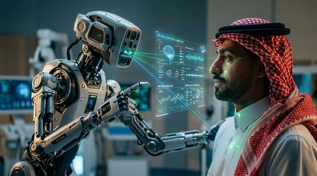 رجل سعودي يخضع لفحص طبي هولوغرافي من روبوت ذكي