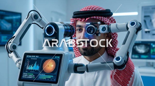 فحص عيون روبوتي متطور لرجل سعودي في عيادة طبية حديثة