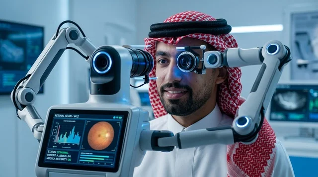 فحص عيون روبوتي متطور لرجل سعودي في عيادة طبية حديثة