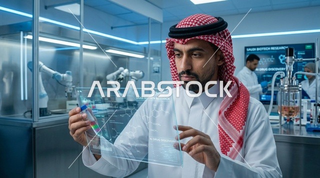 عالم سعودي يستخدم شاشة مستقبلية في مختبر تقنية حيوية