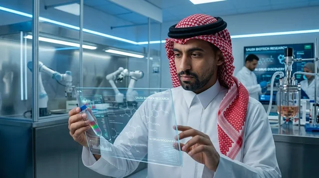 عالم سعودي يستخدم شاشة مستقبلية في مختبر تقنية حيوية