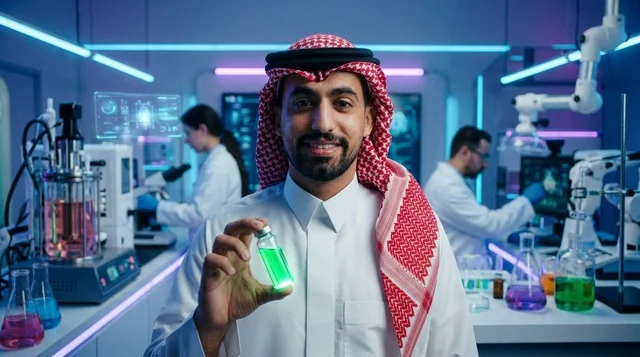 عالم عربي في مختبر مستقبلي يحمل قارورة متوهجة