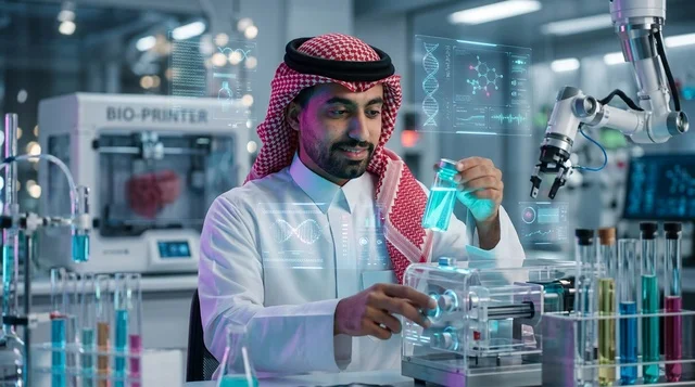 Saudi Scientist in Futuristic Laboratory with Tech