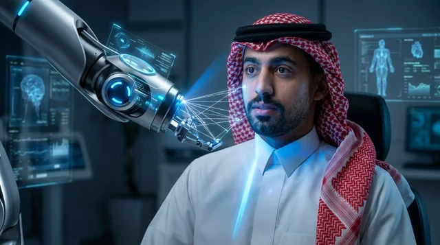 رجل سعودي عربي يخضع لفحص الوجه بالروبوت في مختبر ذكي