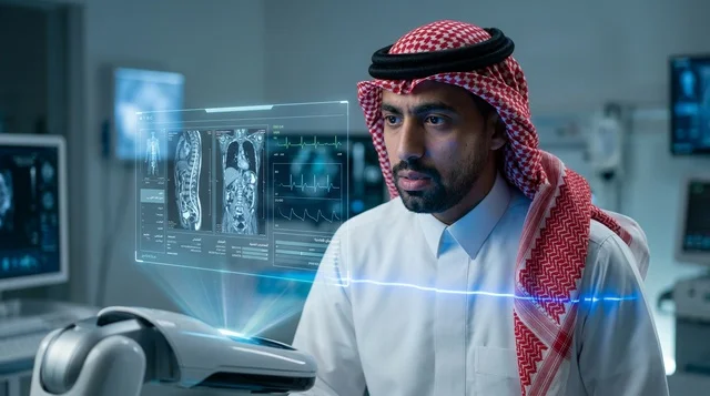 طبيب سعودي يفحص شاشة عرض طبية هولوجرامية ثلاثية الأبعاد