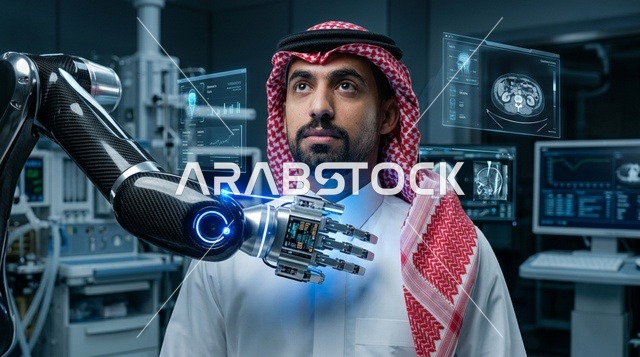 رجل سعودي يتفاعل مع ذراع آلي في مختبر طبي مستقبلي