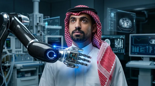 Saudi Man with Robotic Arm in Futuristic Medical Lab