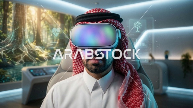 رجل سعودي يرتدي نظارة واقع افتراضي في بيئة مستقبلية