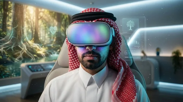 رجل سعودي يرتدي نظارة واقع افتراضي في بيئة مستقبلية