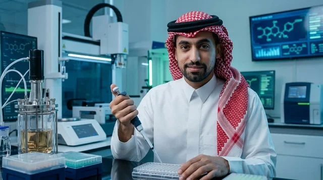 عالم وباحث سعودي داخل مختبر أبحاث علمية وتقنية حديثة