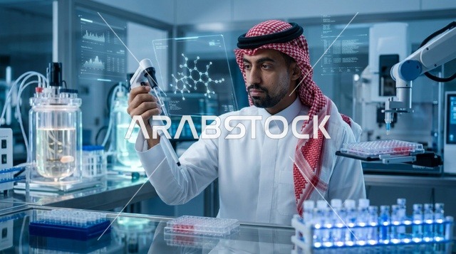 عالم سعودي يعمل مع الهولوغرام في مختبر علمي متطور