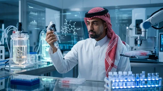عالم سعودي يعمل مع الهولوغرام في مختبر علمي متطور