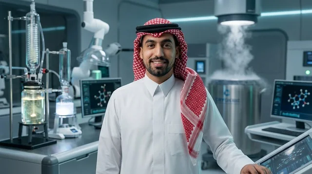عالم وباحث سعودي داخل مختبر أبحاث حديث عالي التقنية