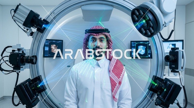 رجل سعودي داخل جهاز تشخيص طبي متطور بتقنية الليزر