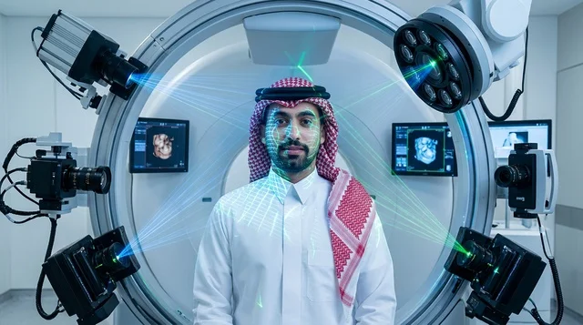 رجل سعودي داخل جهاز تشخيص طبي متطور بتقنية الليزر