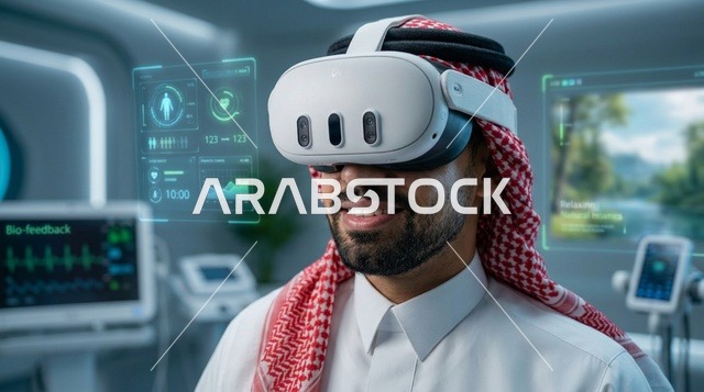 رجل سعودي يرتدي نظارة واقع افتراضي في مختبر طبي