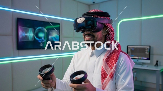 رجل سعودي يرتدي نظارة واقع افتراضي في مختبر تقني حديث