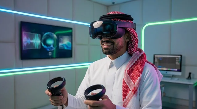 رجل سعودي يرتدي نظارة واقع افتراضي في مختبر تقني حديث