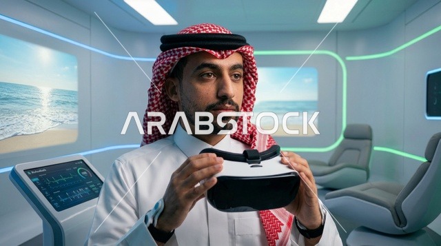 رجل سعودي يمسك نظارة واقع افتراضي في عيادة طبية مستقبلية