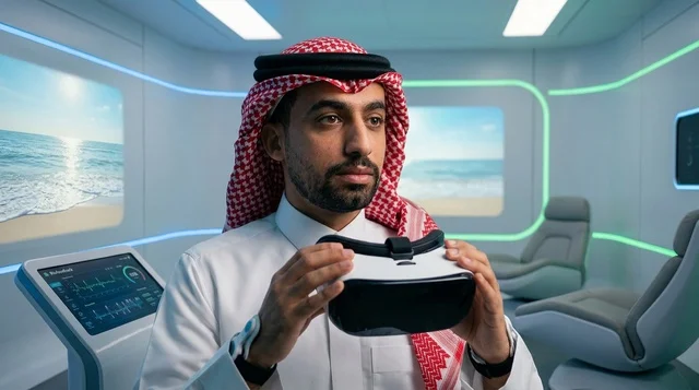 رجل سعودي يمسك نظارة واقع افتراضي في عيادة طبية مستقبلية