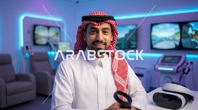 رجل سعودي في مختبر محاكاة الواقع الافتراضي مع إضاءة نيون