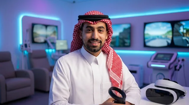 رجل سعودي في مختبر محاكاة الواقع الافتراضي مع إضاءة نيون