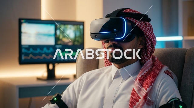 رجل سعودي يرتدي نظارة واقع افتراضي في مكتب تقني حديث