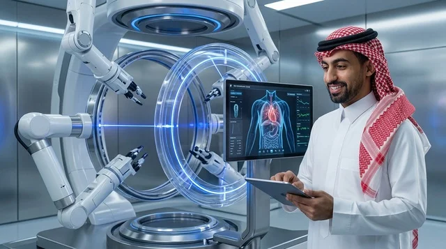 طبيب سعودي يشغل روبوت طبي مستقبلي في مختبر متطور