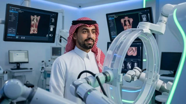 طبيب سعودي مع نظام الجراحة الروبوتية في المستشفى