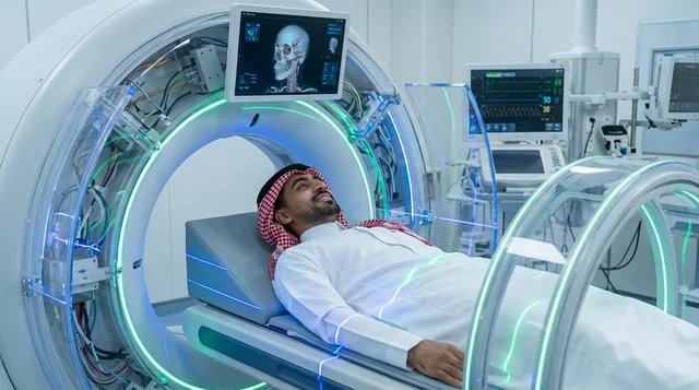 مريض سعودي داخل جهاز الأشعة المقطعية بالمستشفى