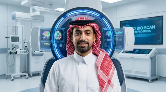 رجل سعودي أمام جهاز الفحص الطبي الحديث في العيادة
