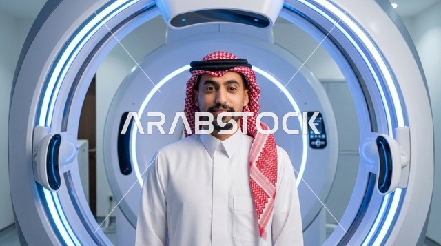 رجل سعودي يقف أمام جهاز رنين مغناطيسي طبي حديث