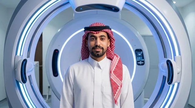 رجل سعودي يقف أمام جهاز رنين مغناطيسي طبي حديث