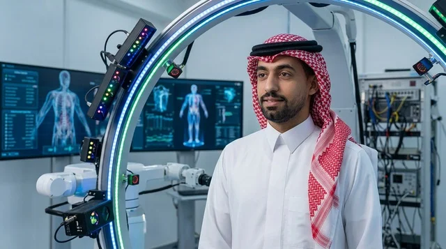 Saudi Man in High-Tech Medical Lab with Scanner