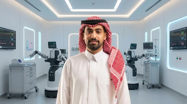 رجل سعودي في مستشفى ذكي مستقبلي مع روبوتات طبية