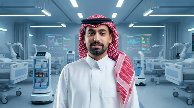 مواطن سعودي في مستشفى ذكي مستقبلي مع روبوتات طبية متطورة