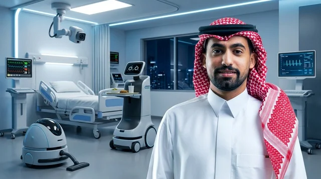 رجل سعودي في غرفة مستشفى ذكية مستقبلية مع روبوتات طبية