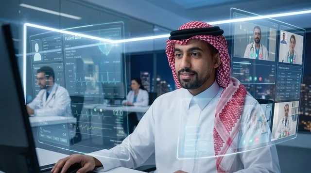 Saudi Doctor Looking at Futuristic Hologram Screen