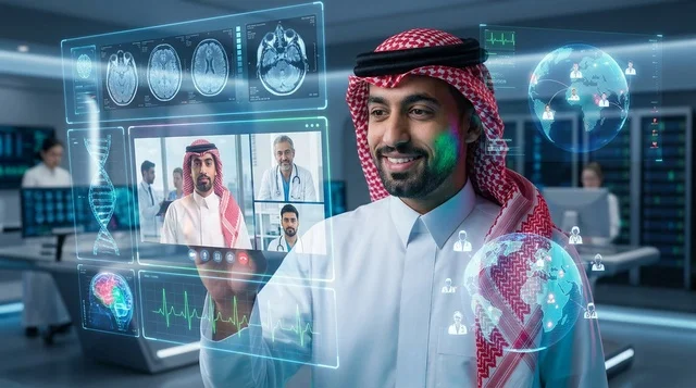 Saudi Doctor Interacting with Holographic Medical Screen